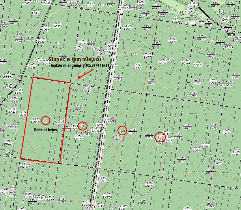 słupki na oddziałach leśnych, mapa OpenStreetMap